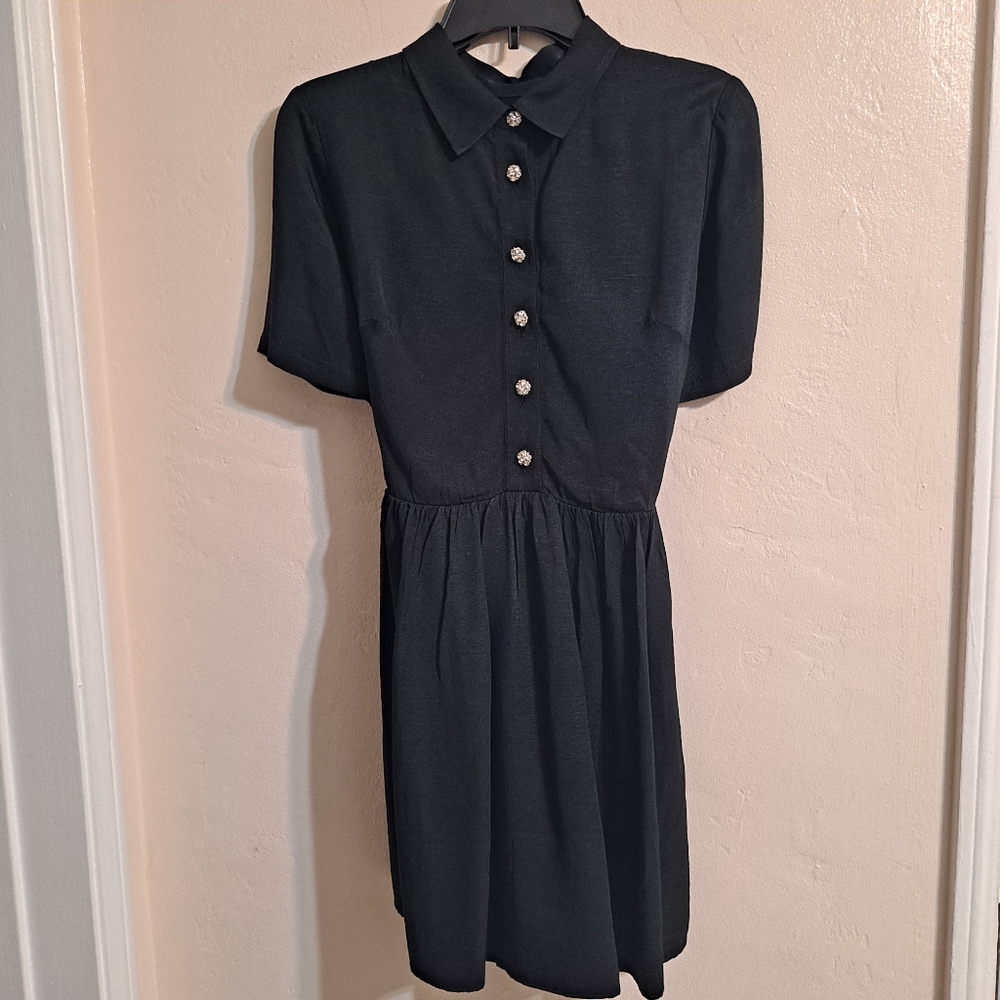 J. Crew Black Shirt Dress Jewel Buttons Short Sleeve Dress Chico